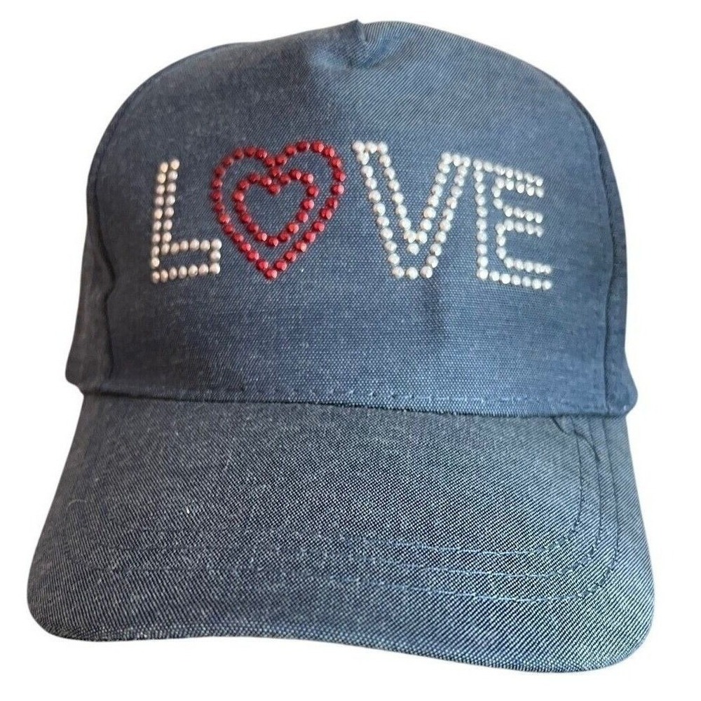 Womens Blue Denim LOVE Heart Rhinestone Studded Snapback Baseball Cap Hat